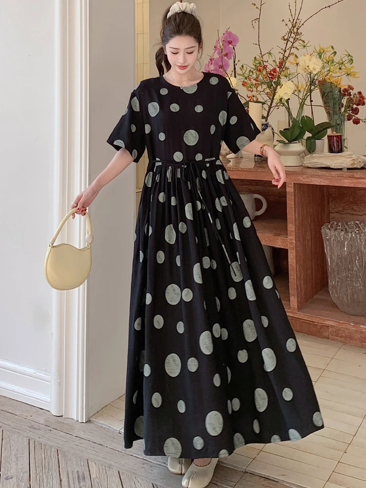 NYFS 2025 فستان نسائي صيفي عتيق فضفاض مقاس كبير بأكمام قصيرة وطباعة نقط فستان طويل رداء Elbise #2