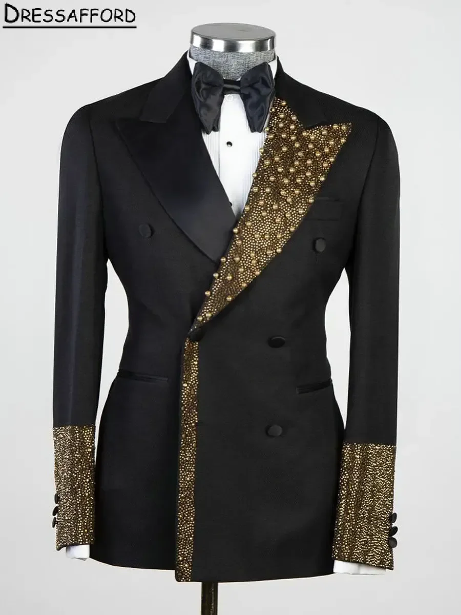 Black Evening Party Men Suits Gold Crystal Pearls Two Pieces Blazer Groom Wear ( Jacket + Pants )