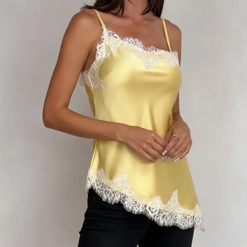 

2Pcs Elegant Satin Women’s Pajamas Set Lace Trim Summer Cami Top and Shorts Sexy Sleeveless Lace Pajama Set Home Wear