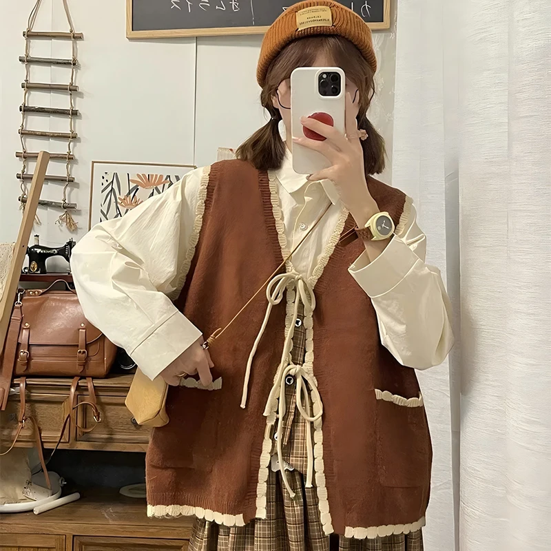 

MEXZT Vintage Sweater Vest Women Japanese Kawaii Patchwork Knitted Cardigan Waistcoat Sleeveless Knitwear Korean Bandage Jumpers