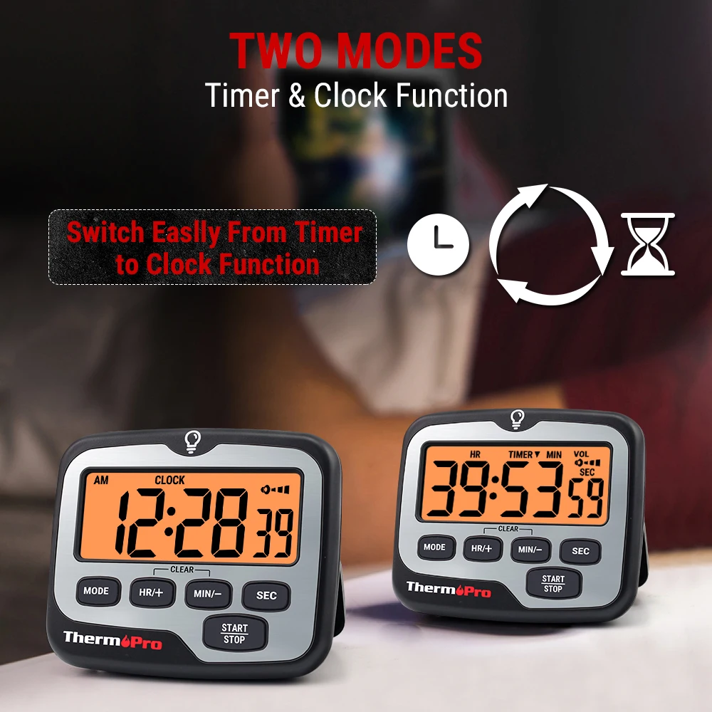 ThermoPro TM01 Backlight 4 Alarm Volume With Clock Function Countdown Countup Cooking Kitchen Timer