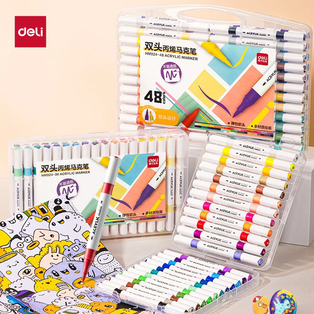 Deli Dual-Tip Acryl-Marker-Set mit Textmarker, Kunstpinsel und Farbstiften zum Skizzieren, Kritzeln und Handzeichnen, 12/24/36/48 Stück/Set