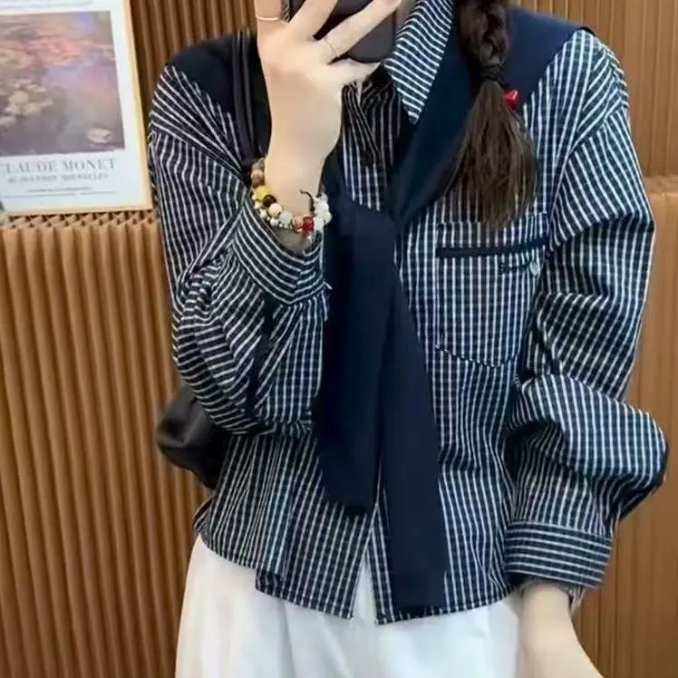 Koreańska długa bluzka w kratę, modna, anty-aging, na wczesną jesień, nowy design, oddychająca poliestrowa bluzka.