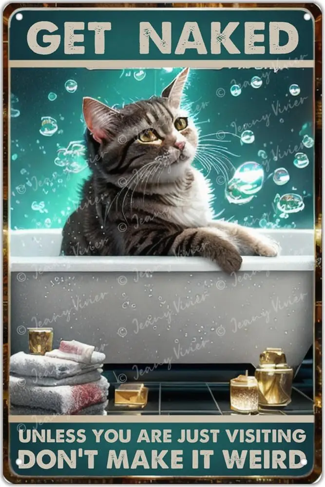 Y1,Cat Bath Metal Tin Retro Sign, Kitten Lovers Gift, Funny Bathroom Decor for Home Office Hotel, Hanging Decor, D