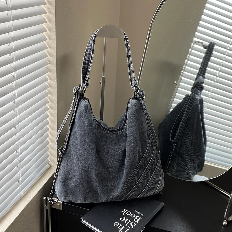 الدنيم سعة كبيرة حمل حقيبة للنساء جديد قماش فني نمط حقيبة كتف مزدوجة الكتف تصميم الربط سلسلة ظهره #3
