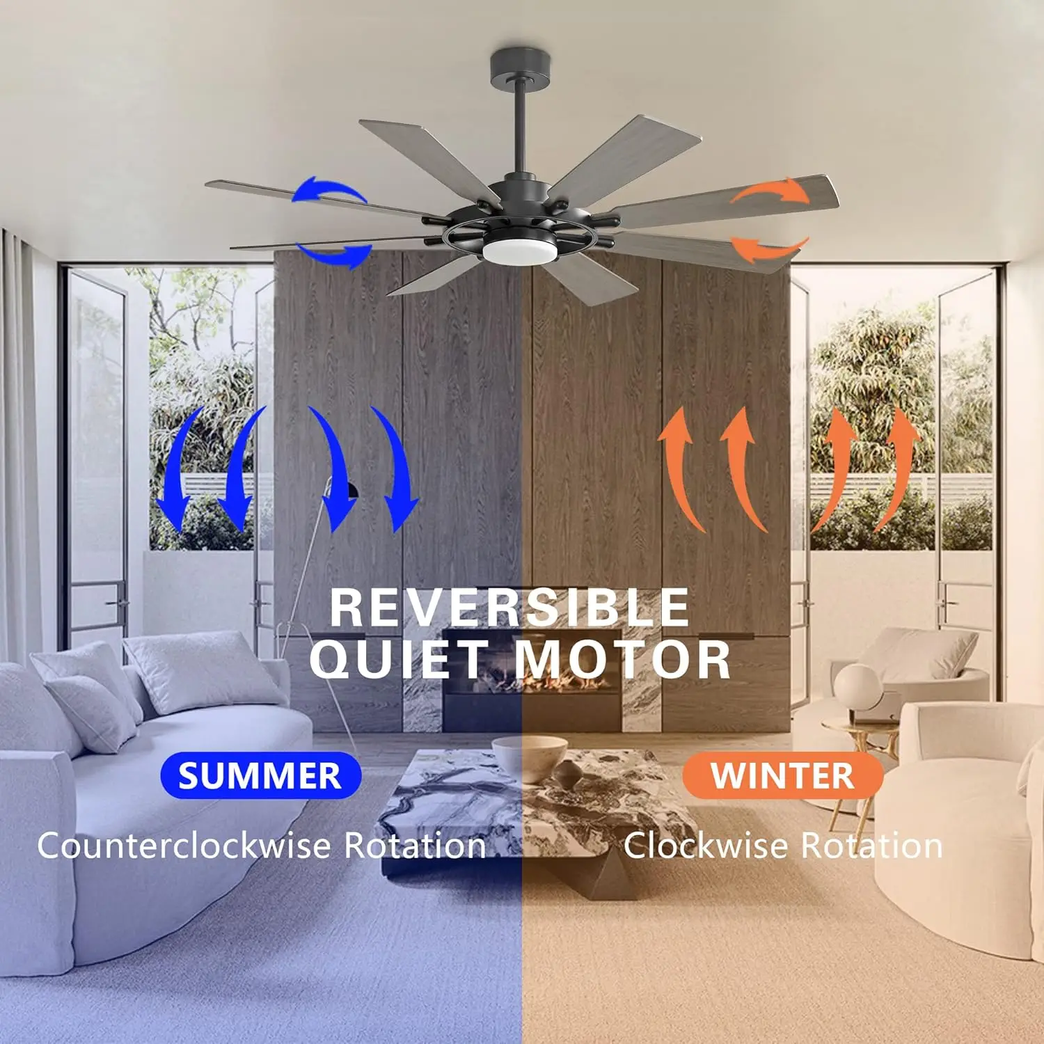 60 Inch Ceiling Fan with Lights and Remote Control, Wood 8 Blades 6-Speed Noiseless Reversible DC Motor, Modern Farmhouse