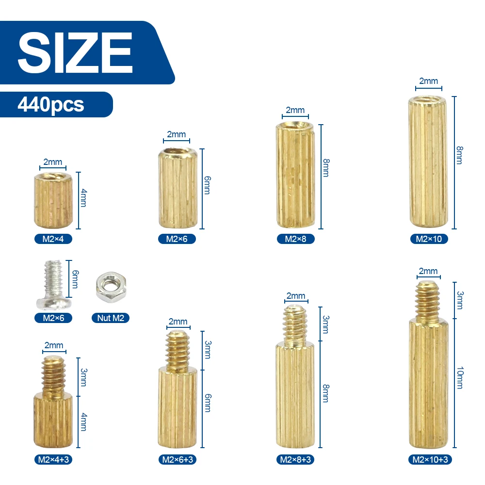 NINDEJIN 420/440Pcs Knurled Round Brass Standoff Spacer Kit M2 Male-Female Round Motherboard Pcb Standoff with Screws Nuts Set