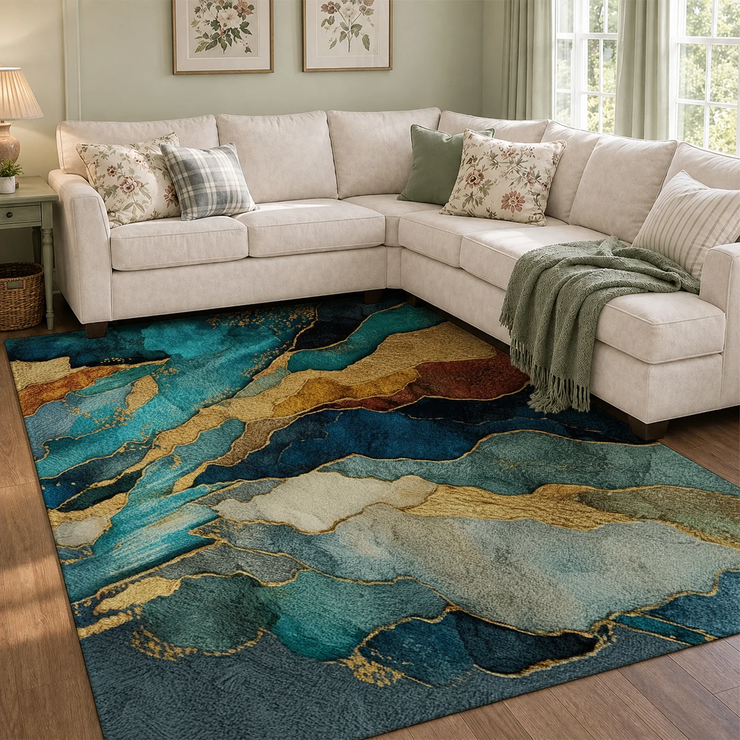 Large Indoor Area Rug, Soft Velvet Low Pile Non-Slip Dotted Backing Machine Washable Abstract Teal Navy Gold Geode Pattern for Living Room Bedroom Home Decor