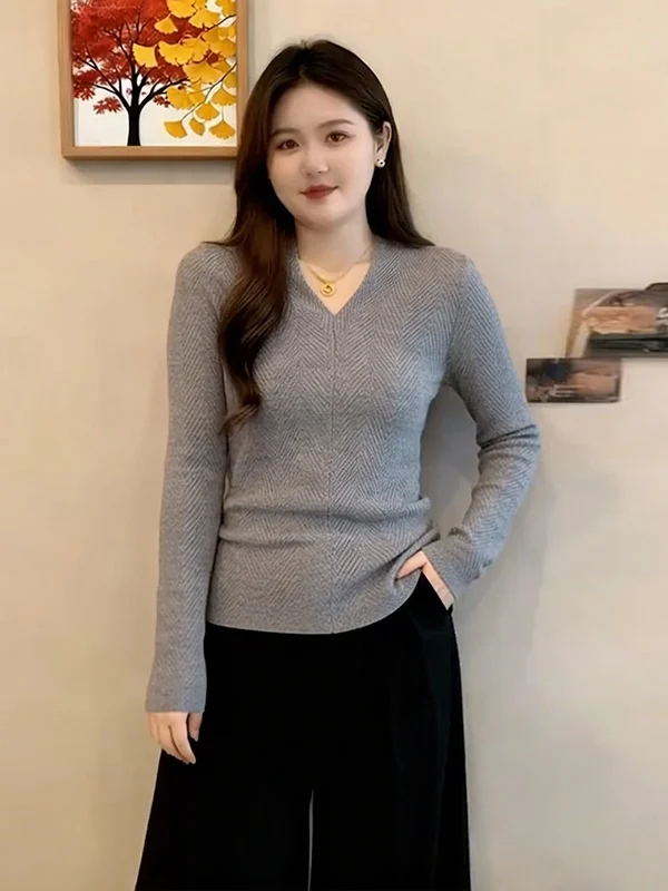 

plus Size Knitted V-Ne Base irt Women's Sli Slimming Belly Covering Top Korean Sle Casual Comfortable Long Sve