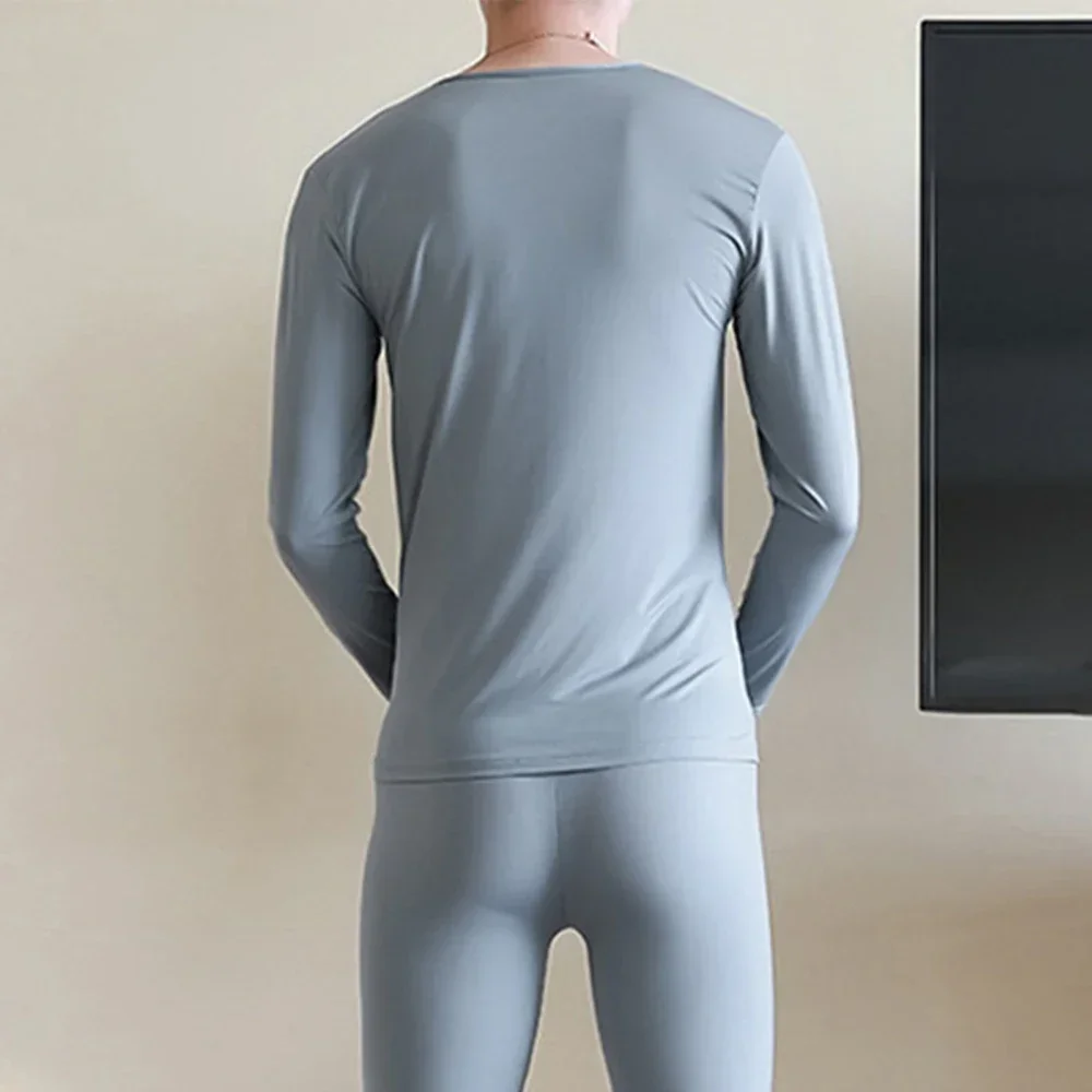 Solid Color Men Thermal Underwear Tops Ice Silk Seamless Long Johns T-Shirt Nightwear Elastic Ultra Thin Lingerie Tops For Man