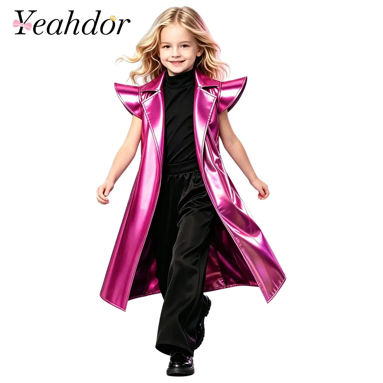 Fashion Boys Girls Metallic Trench Coat Cap Sleeve Open Front Long Coat for Stage Performance Kids Jazz Dance Costume Streetwear