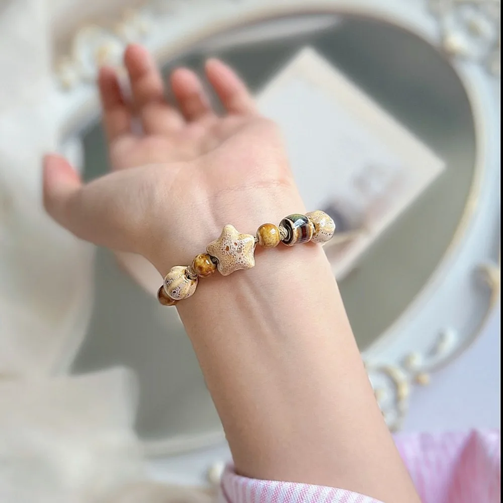 China Ethnic Retro Jingdezhen Ceramic Star Round Bead Rope Chain Bracelet for Women Friendship Charm Jewelry Accessories Gifts