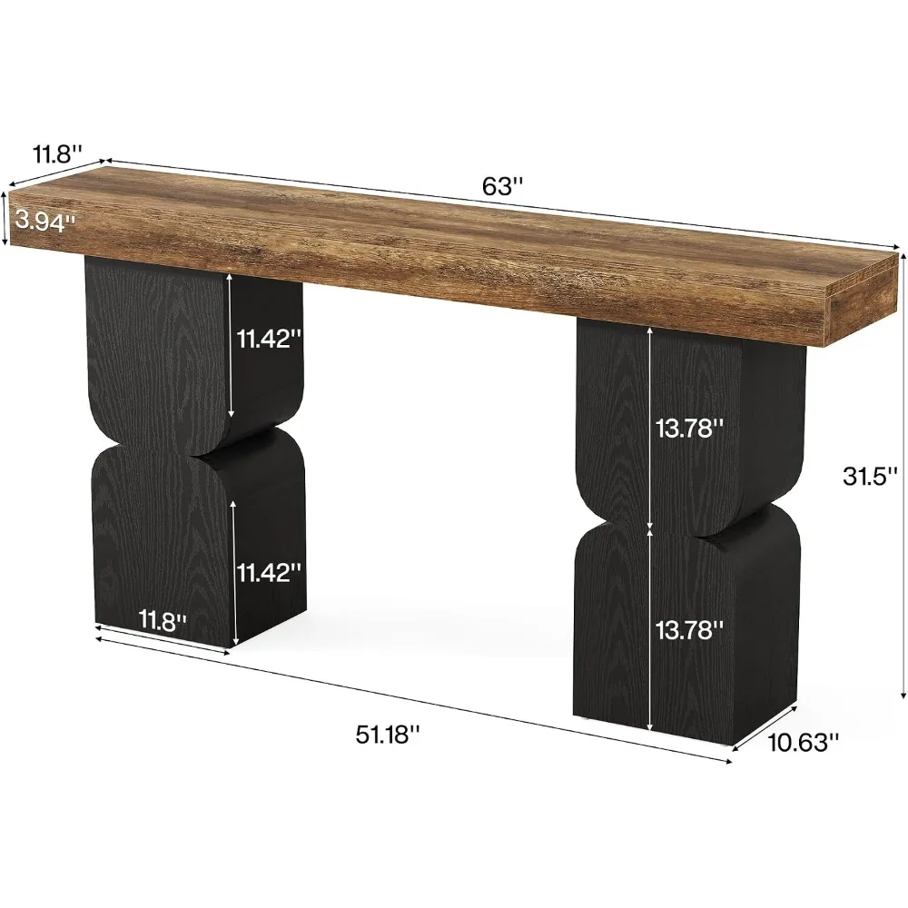63-Inch Large Console Table, Heavy-Duty Look, Behind Couch Sofa Table, Color Blocking, Brown Black