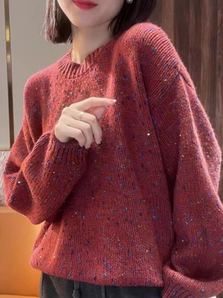 Faionable Long Sve round Ne Maglieria Maglione strato base in misto lana con design a paillettes per le vacanze autunnali invernali