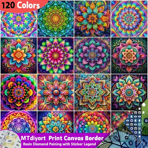 120 Colors Resin Symbol Stickers Diamond Painting Printed Canvas Border Rainbow Mandala Floral Pattern Full Drill Mosaic Decor