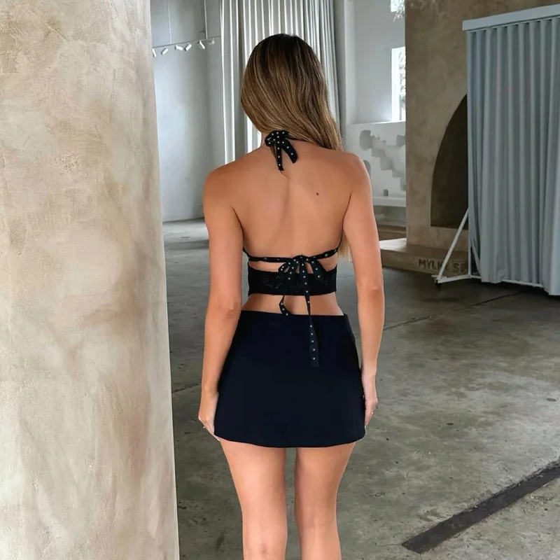 Cryptographic Hot Sexy Backless Halter Mini Dress Club Party Elegant Outfits for Women Summer Lace Rivet Detail V Bar Dresses