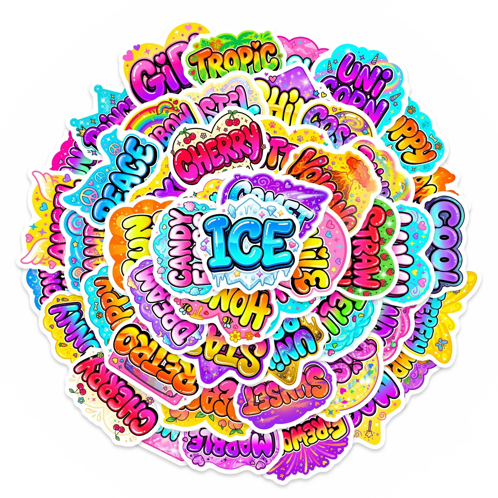 50 Pcs Boom Effect Text Colorful Doodle Stickers for Suitcase Cup Scooter Helmet File Folder Phone Laptop Scrapbook Decals
