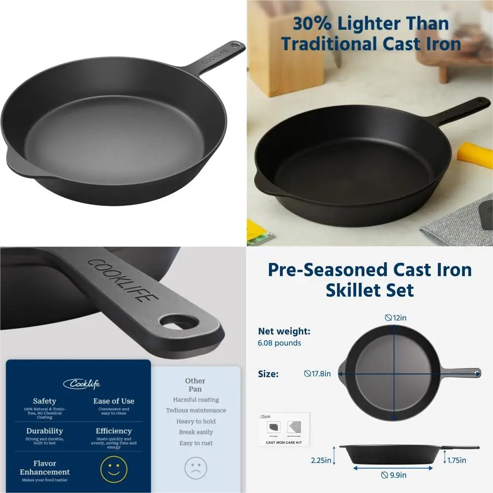 

12-дюймовая предварительно приправленная чугунная сковорода с гладкой полированной поверхностью для легкой очистки — идеальная легкая сковорода для духовки U