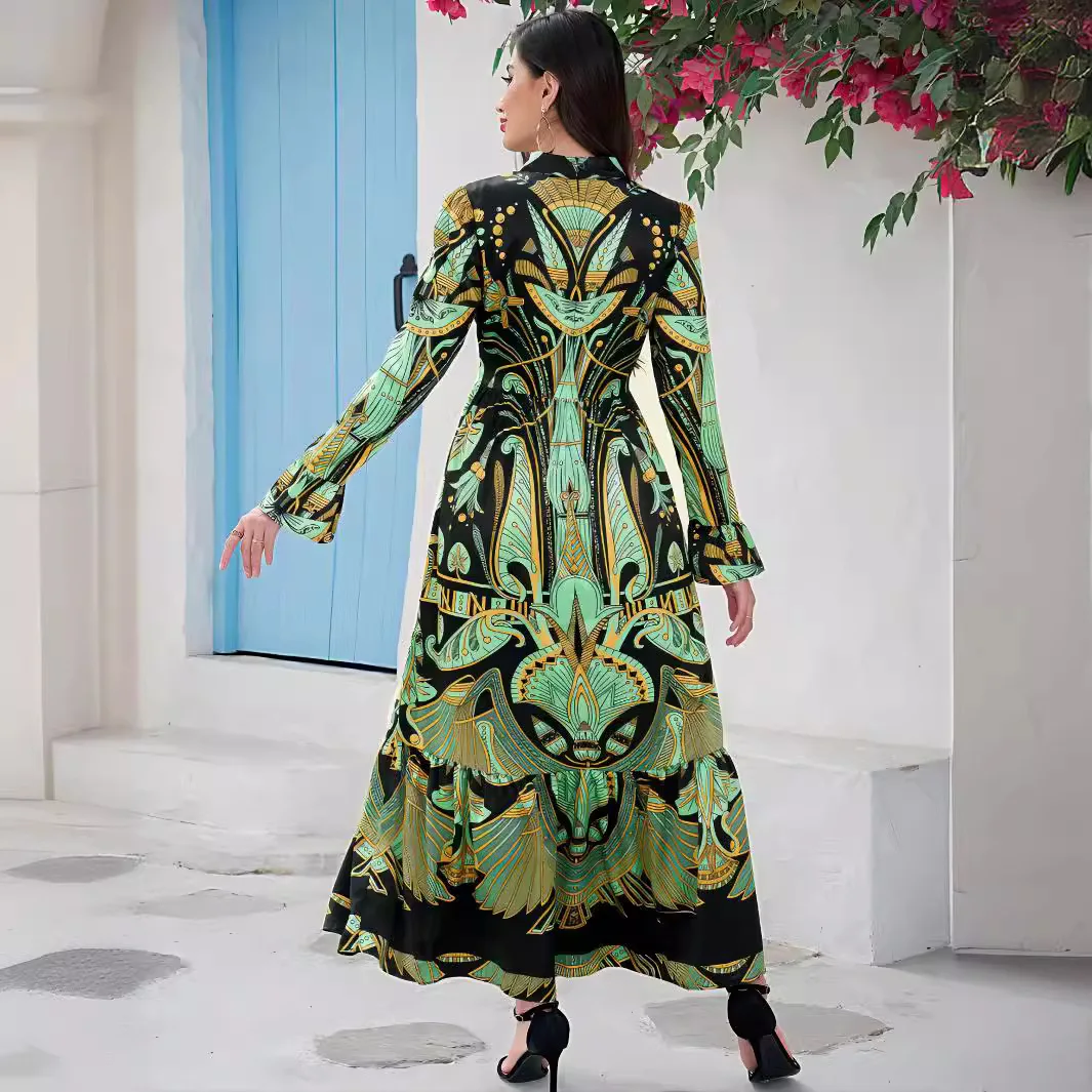 Cross-border Middle East Women's Long Dress Boutique Positioning Totem Printing Horn Sleeve Big Pendulum Dress Cw81234