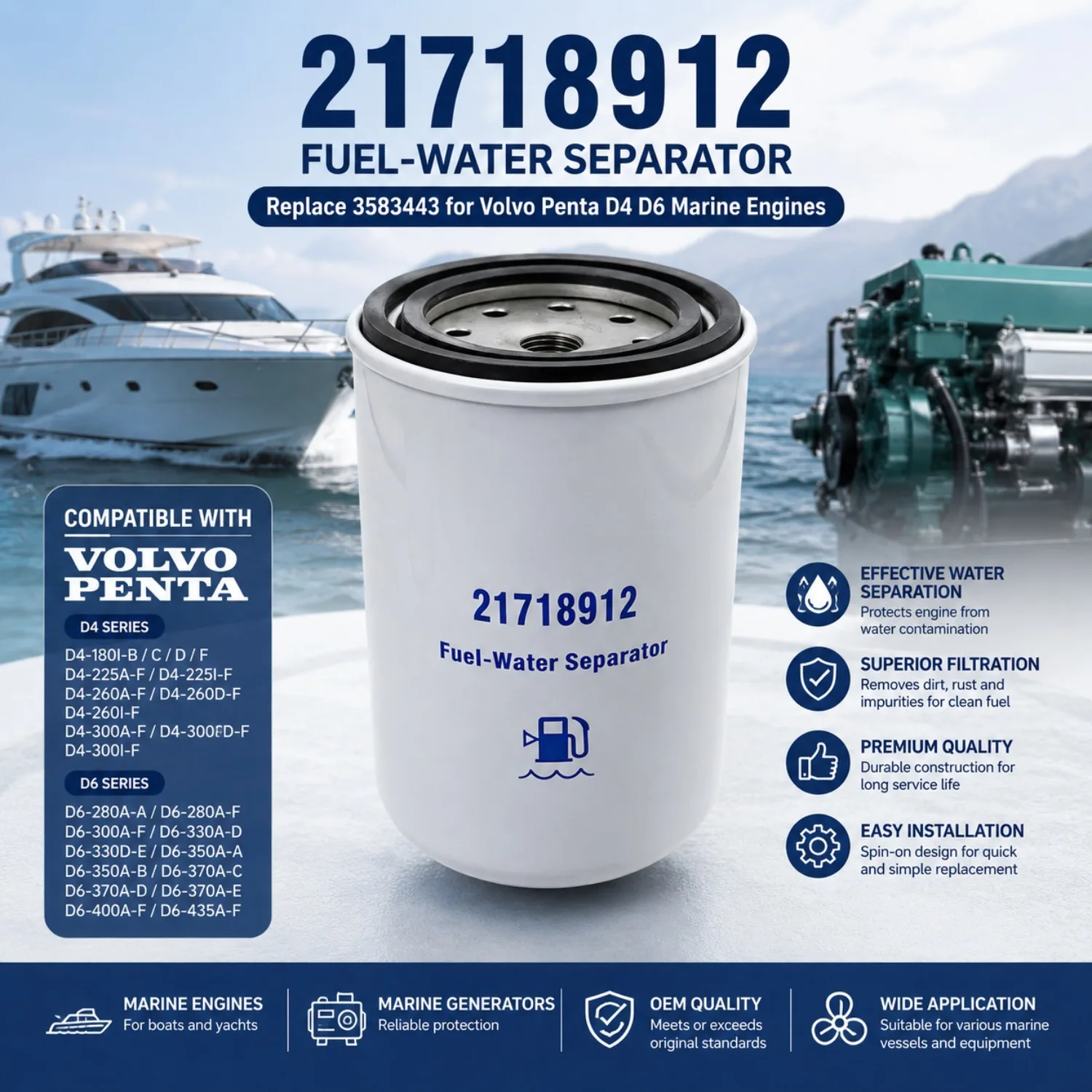 21718912 Separador de Agua y Combustible, Reemplazo 3583443 para Motor Diésel Marino Volvo Penta D4 D6, Filtro Spin-On para Barco, Yate, Generador