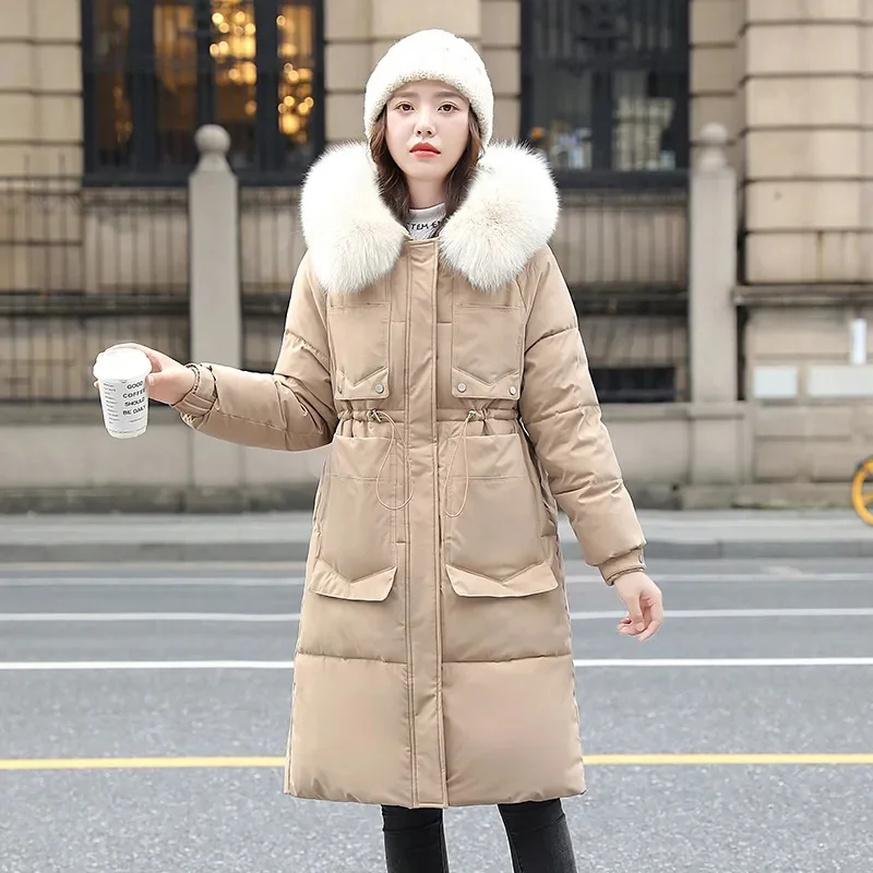 Parka encapuzado com gola de pele para mulheres, casaco longo, puffer quente, jaqueta casual solta, algodão acolchoado, outwear feminino, novo, inverno, 2023