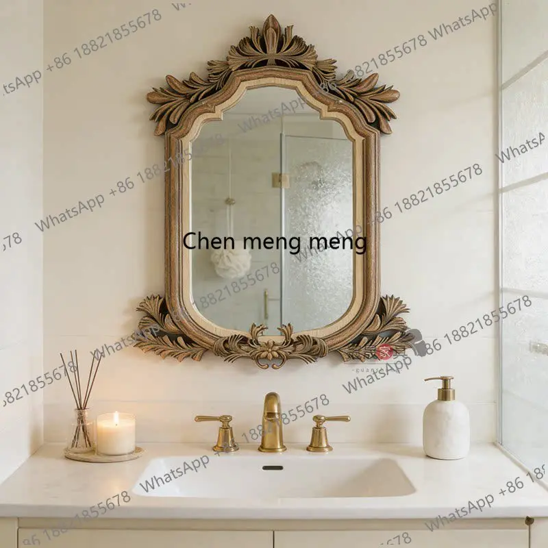 

European retro bathroom mirror wall hanging entrance carved decorative mirror bathroom French