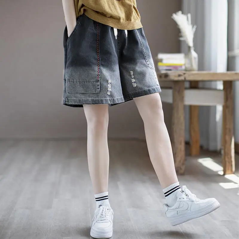 بنطلون نسائي فضفاض بخصر مرتفع، سروال واسع الساق مستقيم بخصر مطاطي، بنطلون هارلان بطول خمس بوصات للصيف