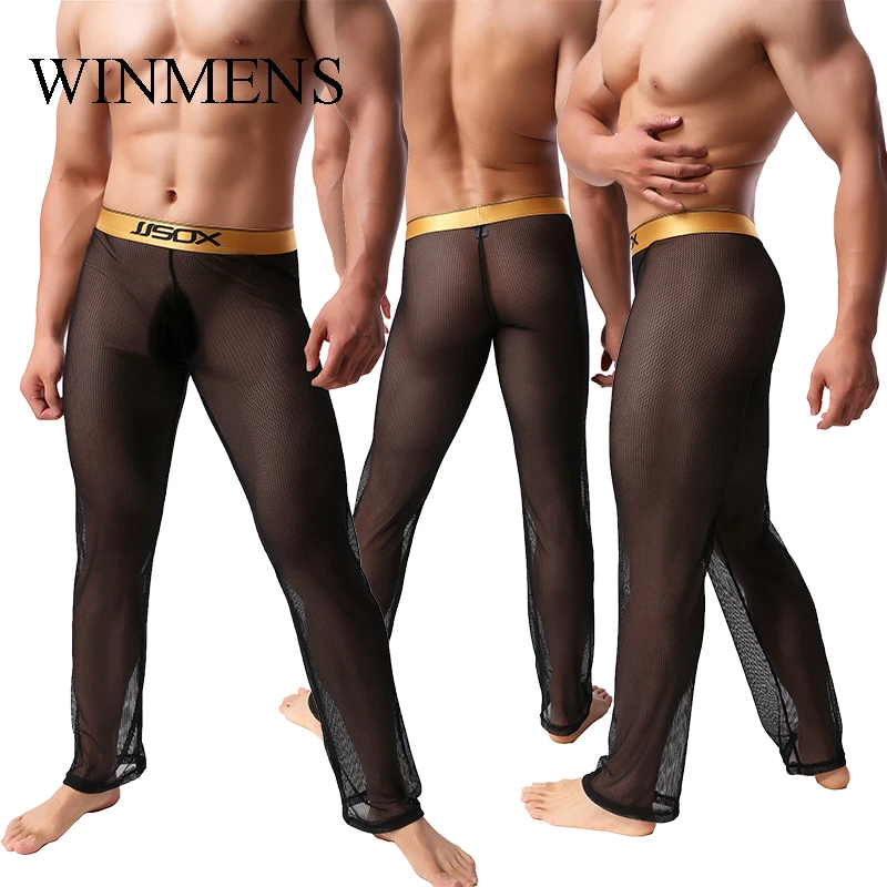 Adult Men\'s Pajama Pants Black See Through Mesh Gay Erotic Full-length Sleeping Trousers Sheer Fishnet Sissy Nightwear