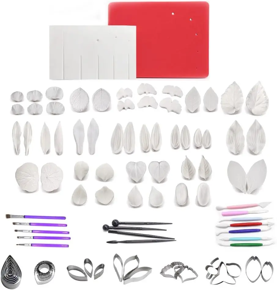 Gumpaste Flower Tool Set 25Pairs Leaf Petal Vein Molds 7sets Steel Leaf Cutters 1Veining Board 1Flower Foam Pad 5 Pastry Brushes