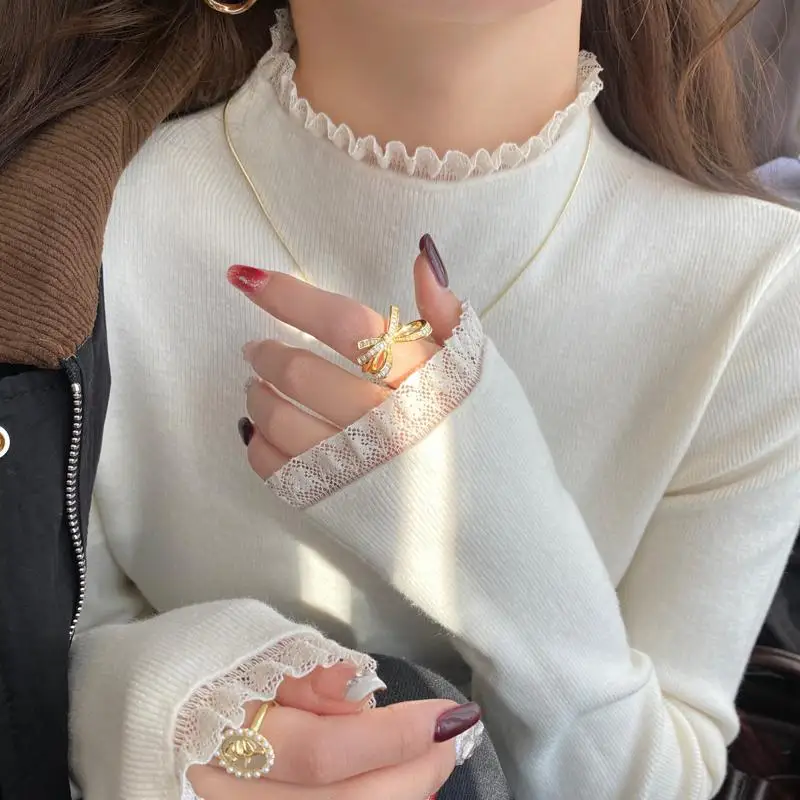 AOSSVIAO Womens Elegant Lace Trim Sweater Spring Autumn Grey Slim Fit Long Sleeves Pullovers Korean Style Simple Base Layer Tops