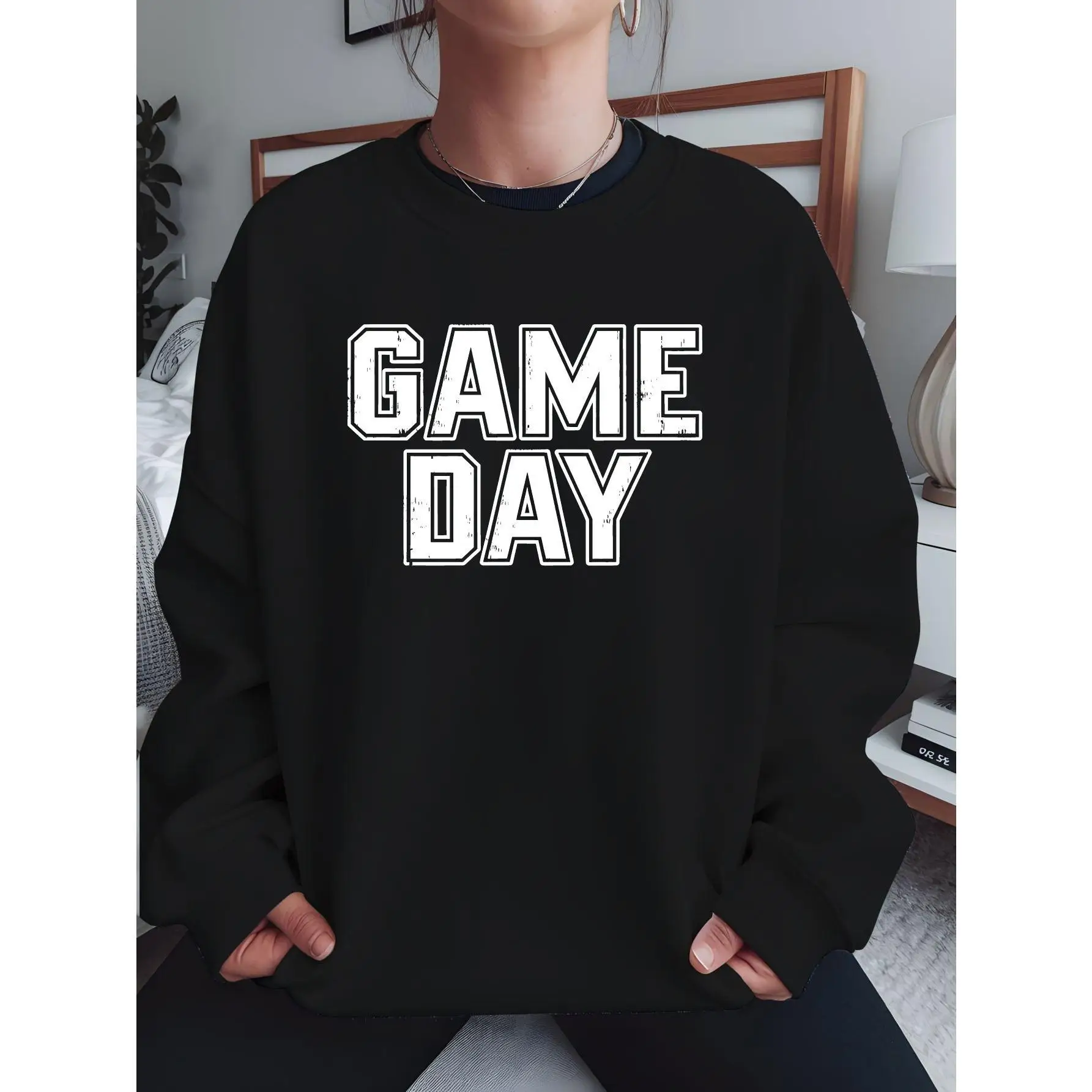 

Women's GAME DAY Sweatshirt Fall Sports Fan Pullover Vintage Distressed Letter Print Loose Casual Long Sleeve Top