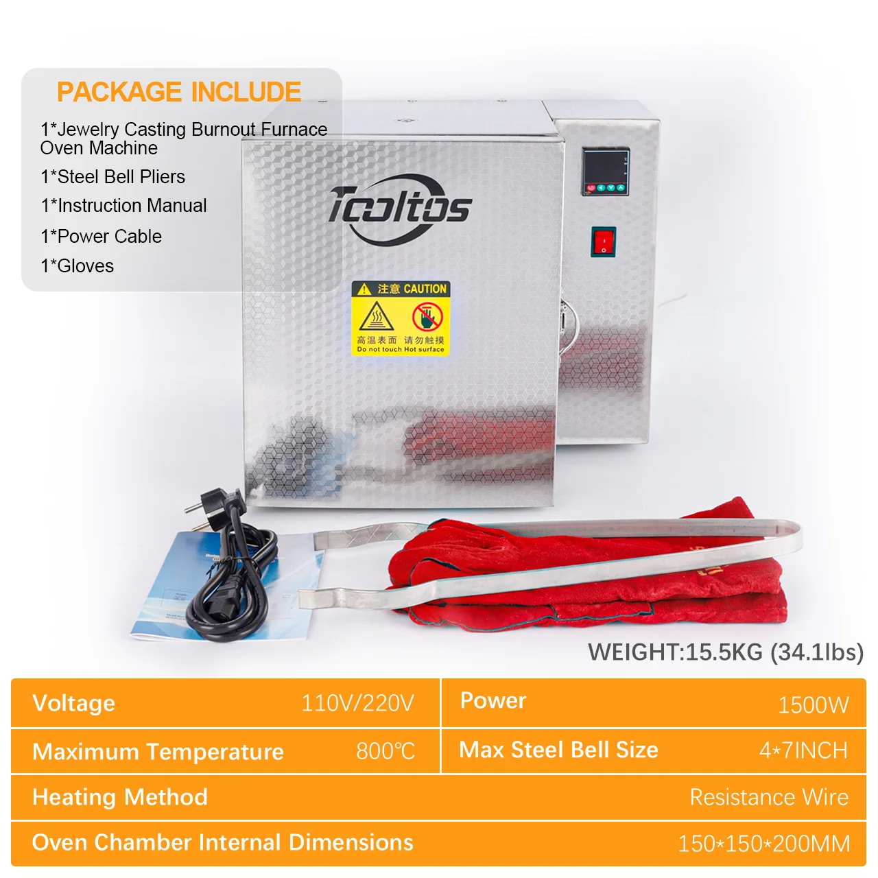 TOKTOS 1500W Jewelry Casting Burnout Furnace Oven Machine,High-Temperature Resistant Furnace