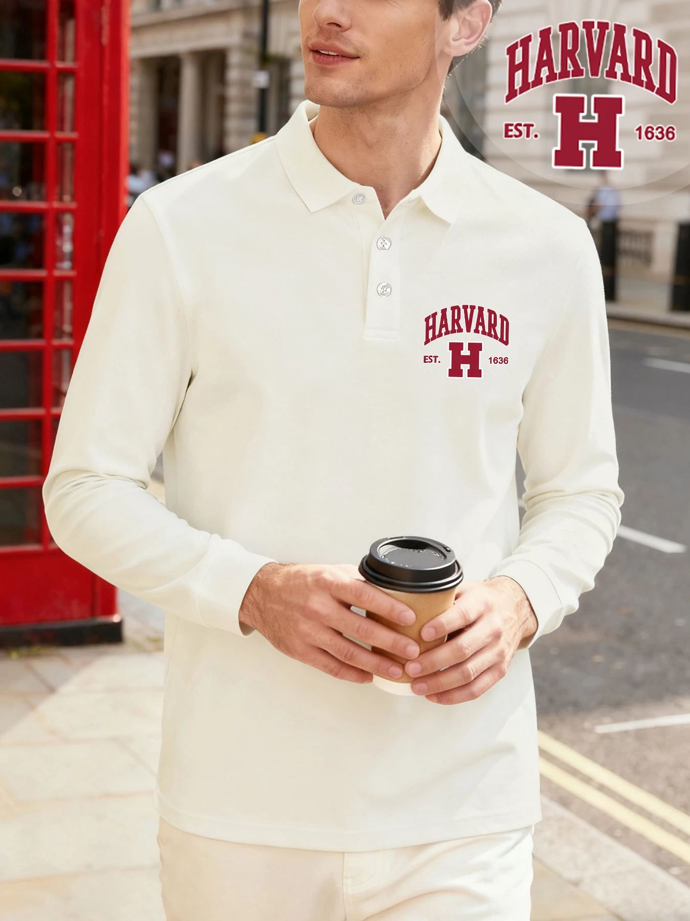 Harvard Est. 1636 Print Fashion Basic T-Shirt Men'S Autumn Long Sleeved Clothes Casual Solid Tops Comfortable Button Polo Shirts