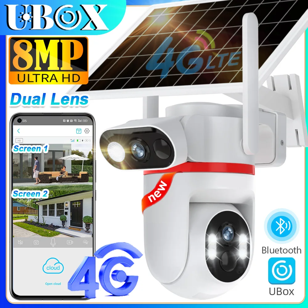 

UBOX 4G LTE Solar Cameras 8MP Outdoor Surveillance Camera Dual Screens Dual PIR Detection Auto Tracking Color Night Vision CCTV