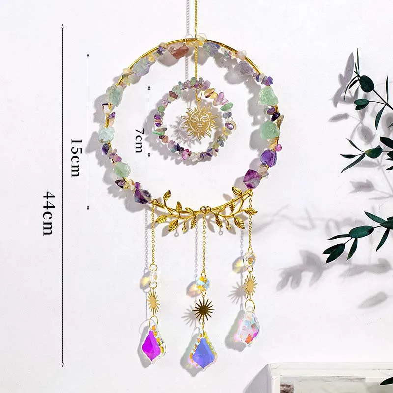 Natural Chips Crystals Sun Catcher Wind Chime Decoration Round Healing Stone Dreamcatcher Window Wall Hanging Ornament Bohemia