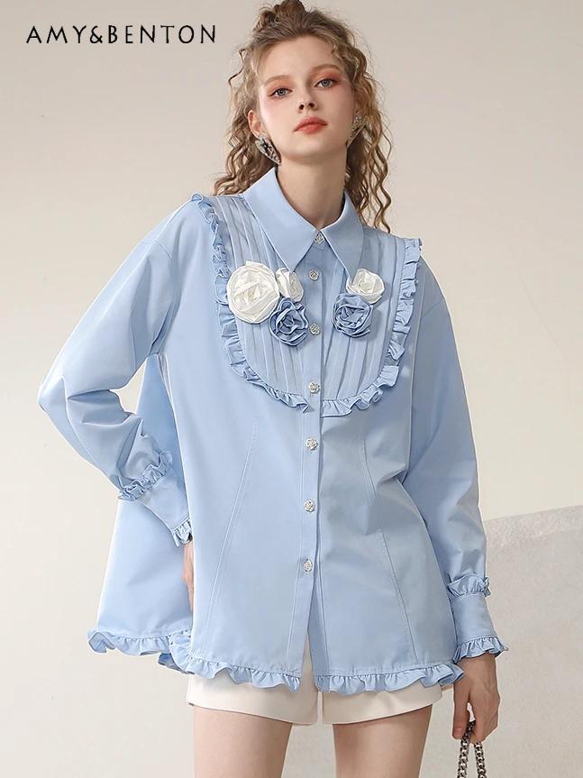 

Sweet Cute 3D Flower Embroidered Blouse Women Commute Style Fashion Elegant Wooden Ear Loose Lapels Pure Color All-Match Blouses