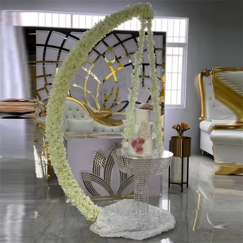 حامل كعكة الزفاف متعدد الألوان، قوس مع ثريا كريستالية، حامل بالون كعكة معلق من الأكريليك، ديكور دليل الممر