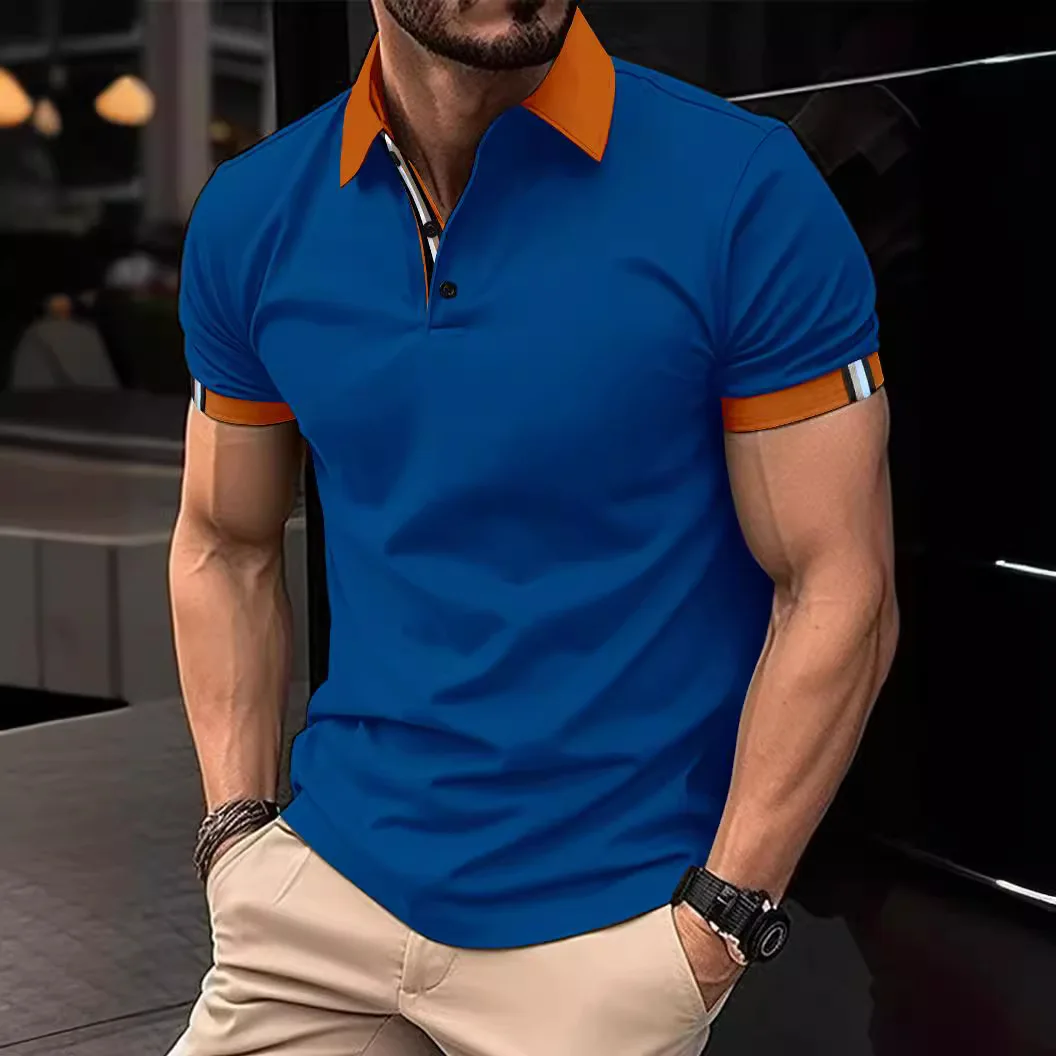 Spring Men's Button-down Polo Shirt Solid Color Short-sleeved Lapel Horizontal Strip Casual Fit Top