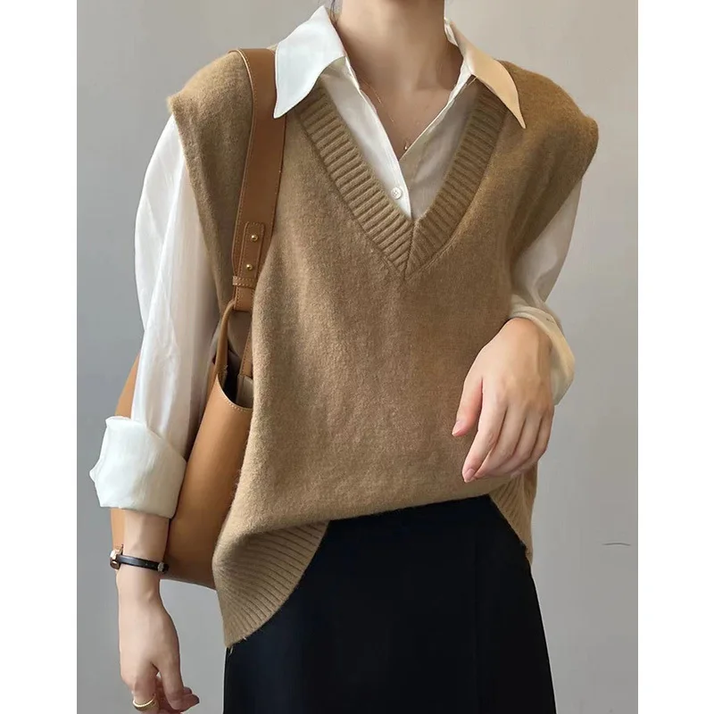 Women V Neck Knit Sweater Vest Sleeveless Loose Oversized Pullover Gilet Casual Autumn Layering Waistcoat