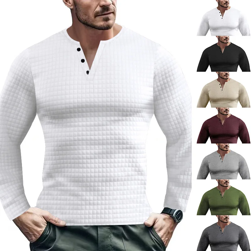 GELITAYIN Spring And Autumn Small Plaid Sports Slim Fit Breathable Men's Long Sleeve T-shirt Button Men's Casual Henley Shi