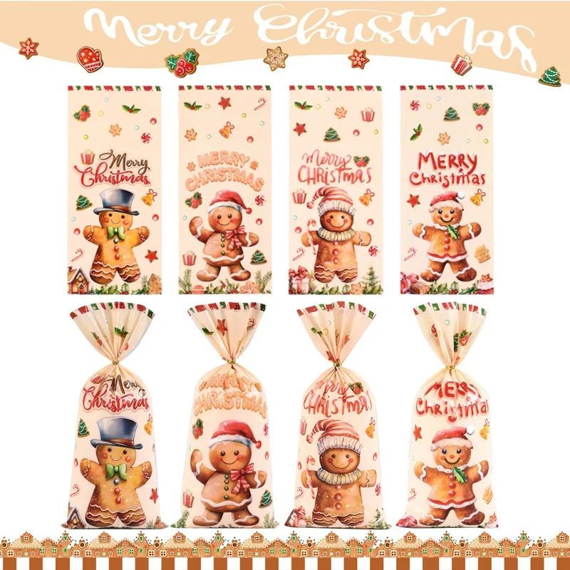 25/50/100Pcs Gingerbread Man Christmas Gift Bags, Plastic Treat Bags with Twist Ties for Merry Christmas Home Decorations