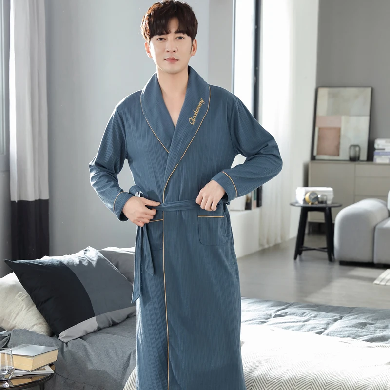 Spring Autumn Cotton Bathrobe For Men Casual Loose 4XL Lapel Robe Fashion Man Solid Letter Men\'s Soft Bath Kimono With Belt