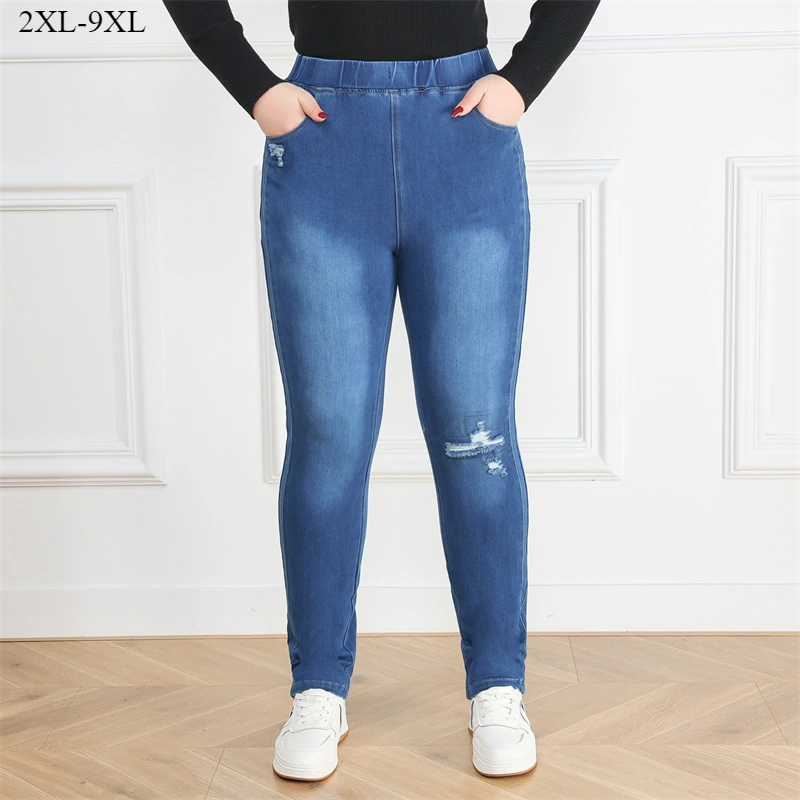 Vrouwen Jeans Slim Fit Gescheurde Broek Plus Size 9XL 8XL 7XL Potlood Uitgerekt Vrouwelijke Bekrast Oversized Hoge Taille Denim Broek