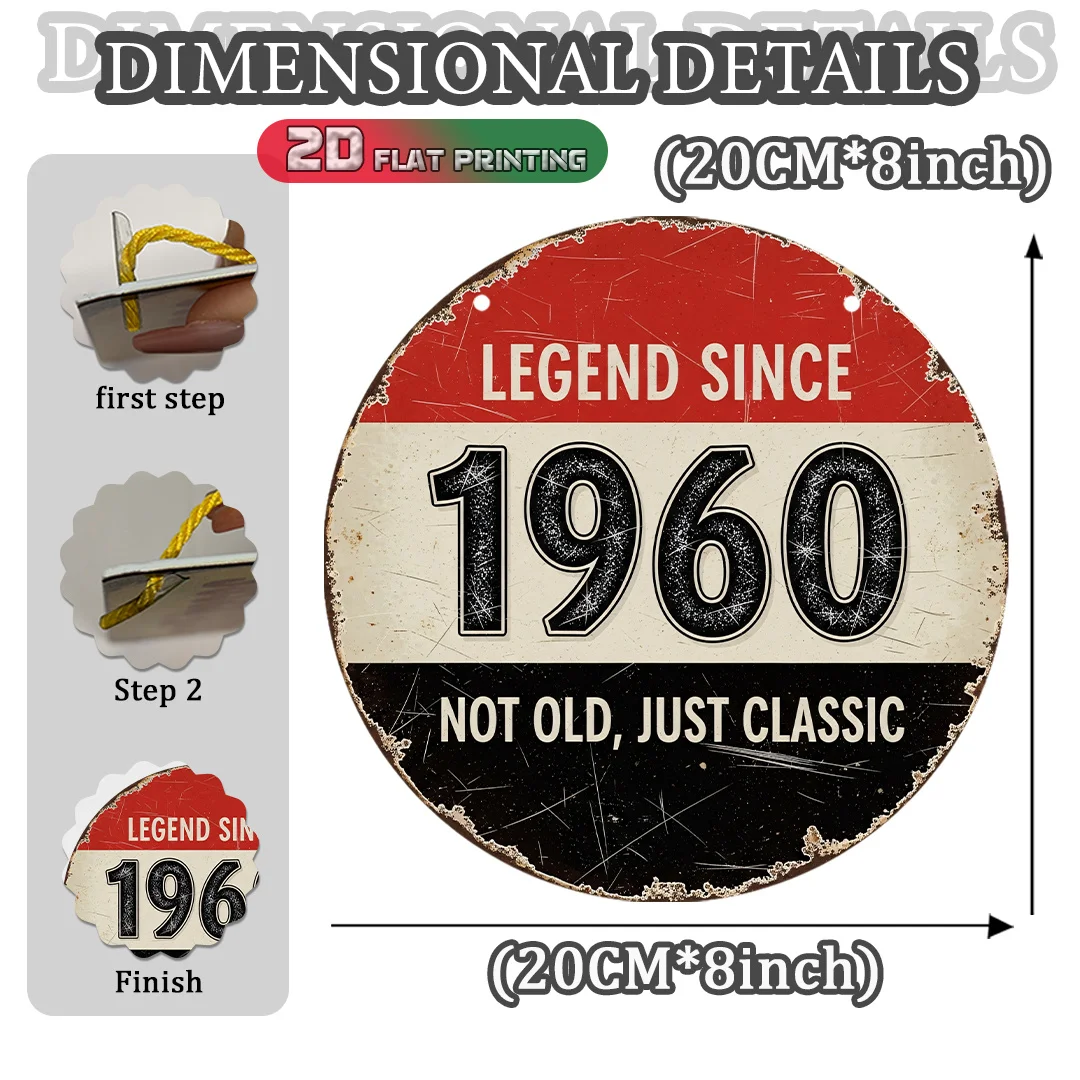 1PC Retro Distressed Round Metal Tin Sign, Legend Since 1960 Not Old Just Classic Plaque, 2D Flat Decor for Garage Birthday Gift