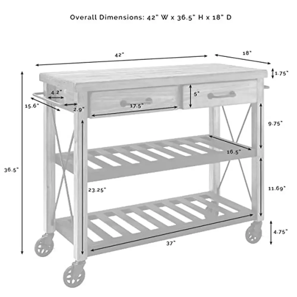 Industrial Rolling Kitchen Cart with Solid Pine Top and Steel Shelves Two Drawers Natural Wood Veneer Construction Heavy Duty image 3