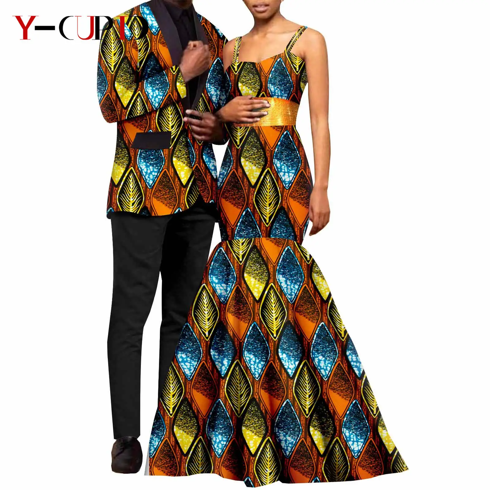 African Print Long Dresses for Women Matching Men Suits Outfits Dashiki Ankara Jackets Coats Bazin Riche Wedding Wear Y23C065