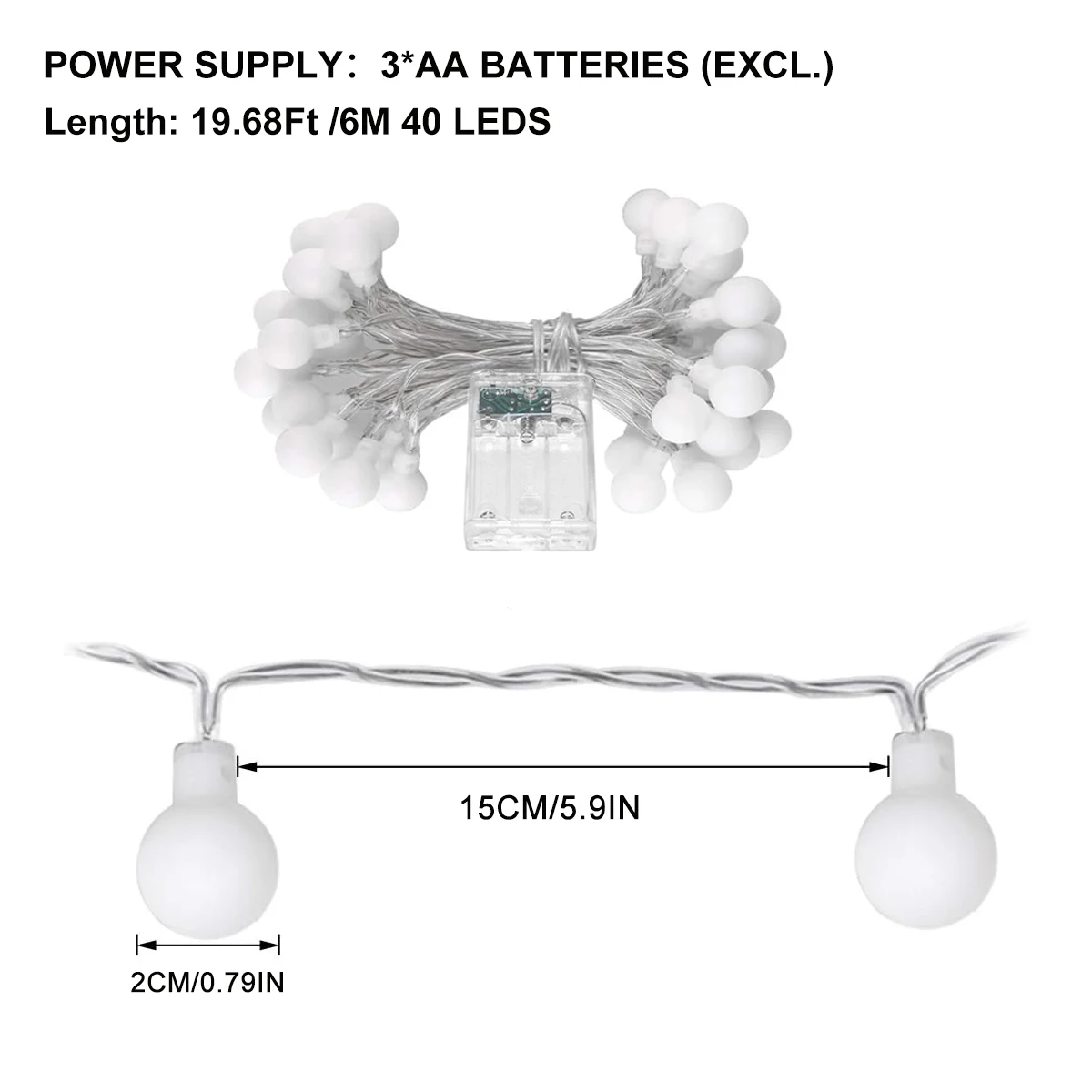 1pc 40LED frosted white ball color light string, white bubble light, suitable for camping, weddings, Christmas decoration