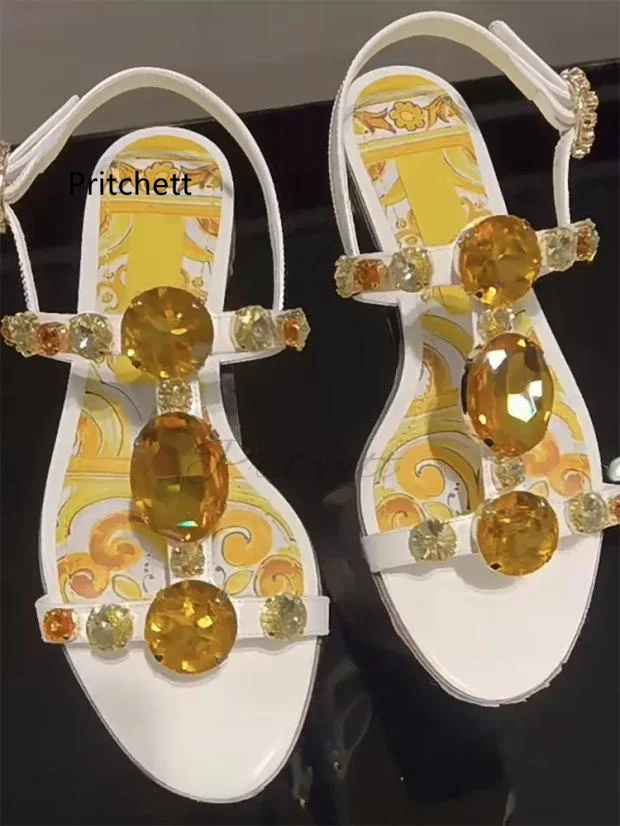 

Bohemian Rhinestone Jewels Flats Sandals for Women Yellow Prints Buckle Strap Luxury Design Comfortable Beach Vacation Shoes