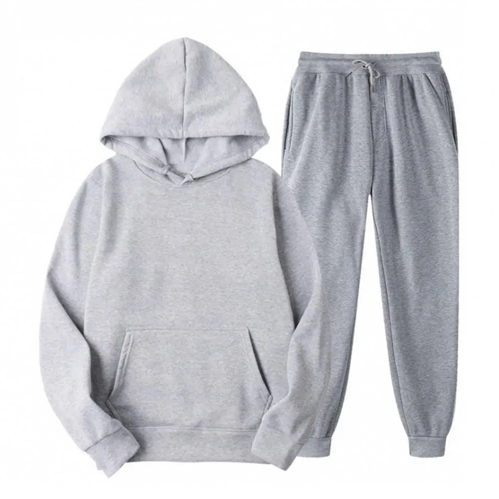 2 Pcs/Set Unisex Sports Suit Hooded Long Sleeve Loose Top with Pocket Spring Fall Tracksuit Drawstring Elastic Waist Ankle-bande