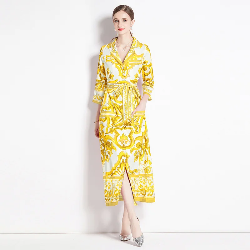 

Spring Autumn Runway Yellow Blue And White Porcelain Shirt Dress Women's Notched Single Breasted Lace Up Pocket Loose Vestidos